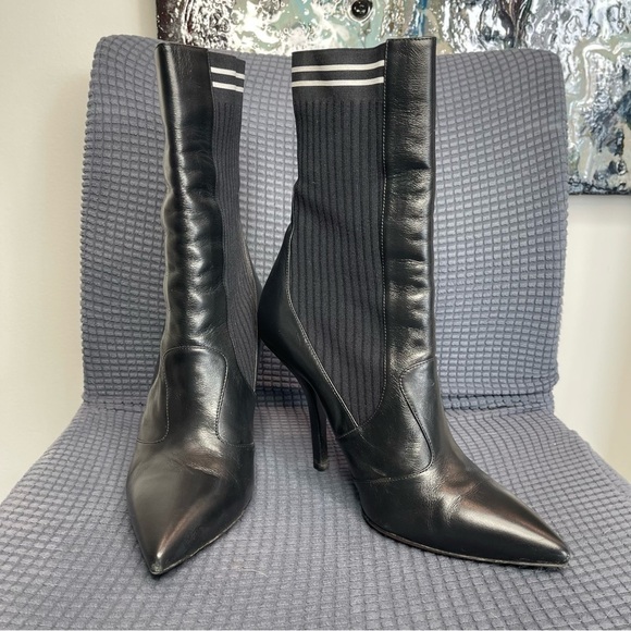 Fendi Black Boots with white stripe knit fabric and leather size 10 - Picture 6 of 7